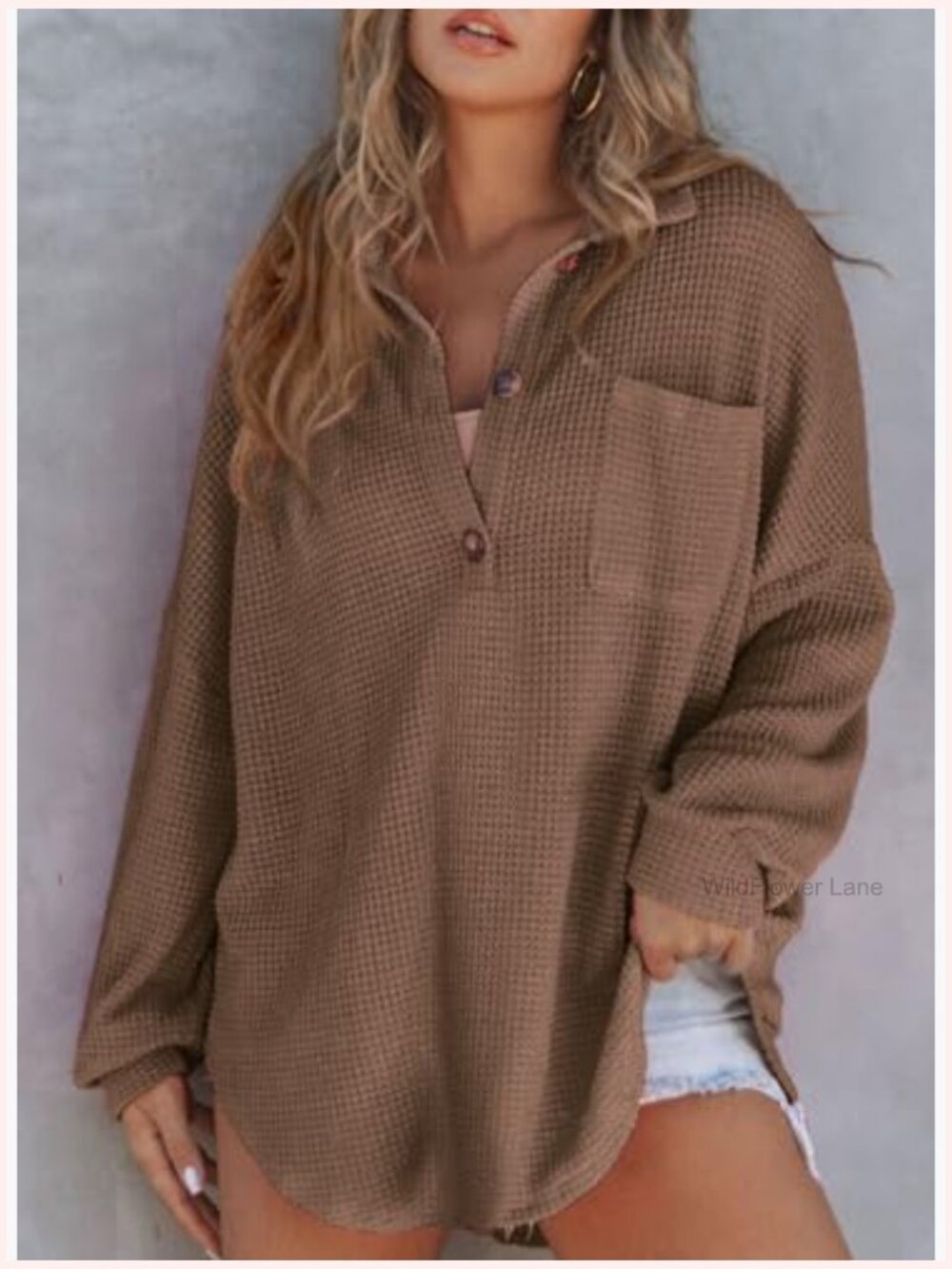 Waffle Knit Henley Oversized Tunic Long Sleeve V Neck Pullover Top - Picture 3 of 7